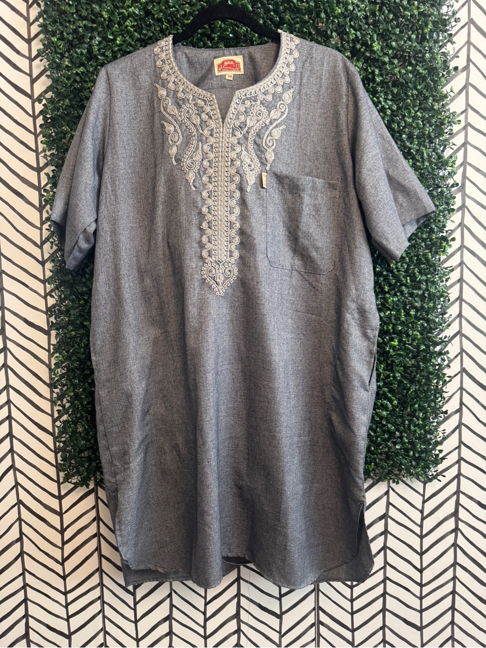 Embroidered Henley Tunic — Gray with Cream Accents with matching pants